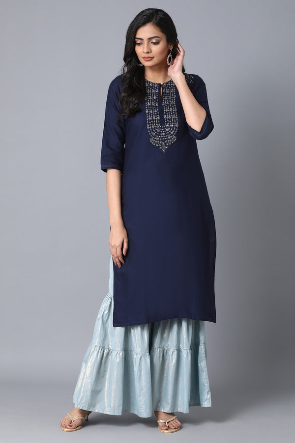 Light Blue Textured Flared Cotton Palazzo With Elasticated Waist