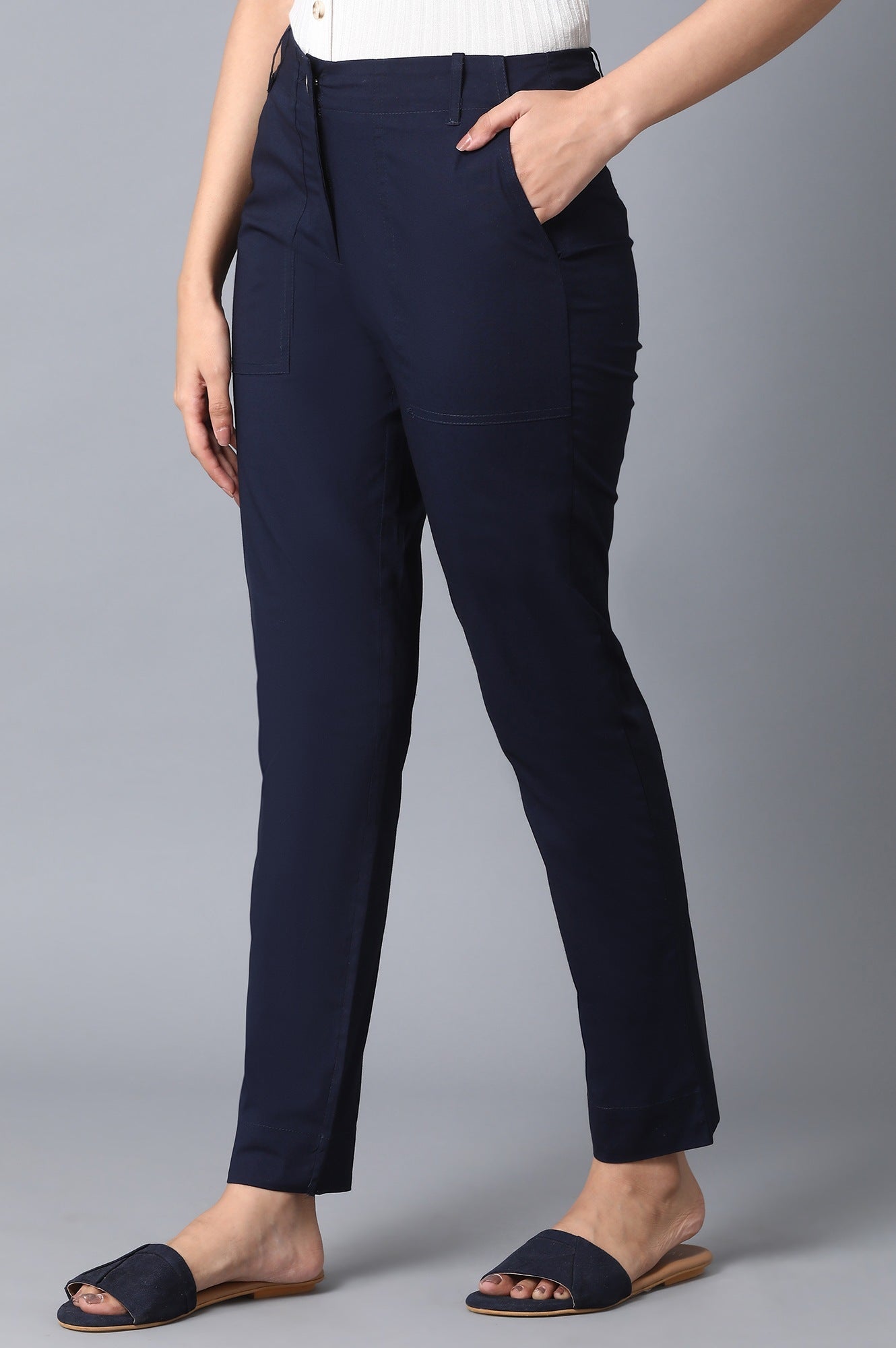Buy Navy Blue Solid Slim Fit Cotton Pants With Front Zip Closure