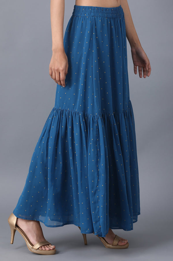 Blue Dot Printed Flared Woven Skirt With Elasticated Waist