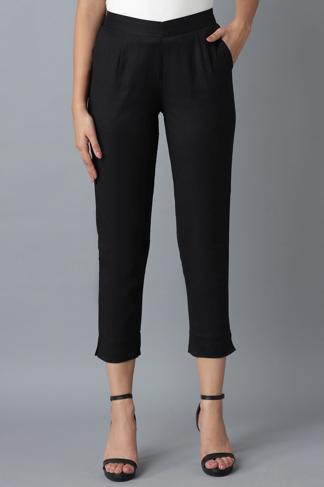 Black Solid Straight Fit Cotton Trousers With Elasticated Waistband