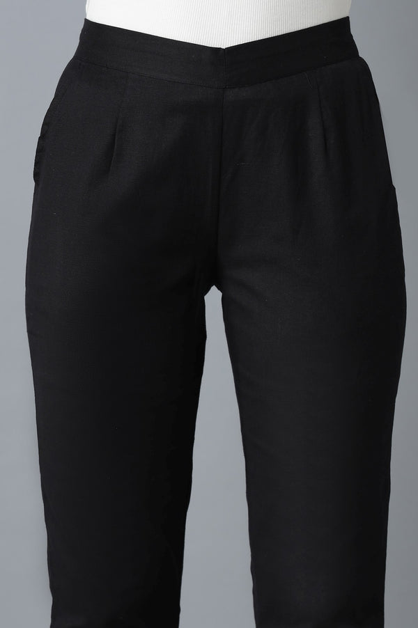 Black Solid Straight Fit Cotton Trousers With Elasticated Waistband
