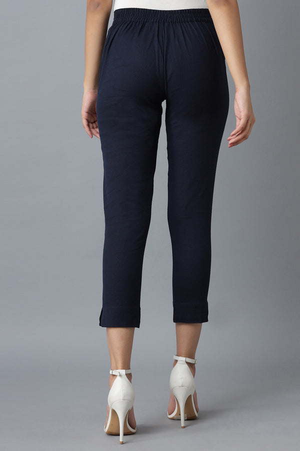 Navy Blue Solid Straight Fit Cotton Trousers With Elasticated Waistband