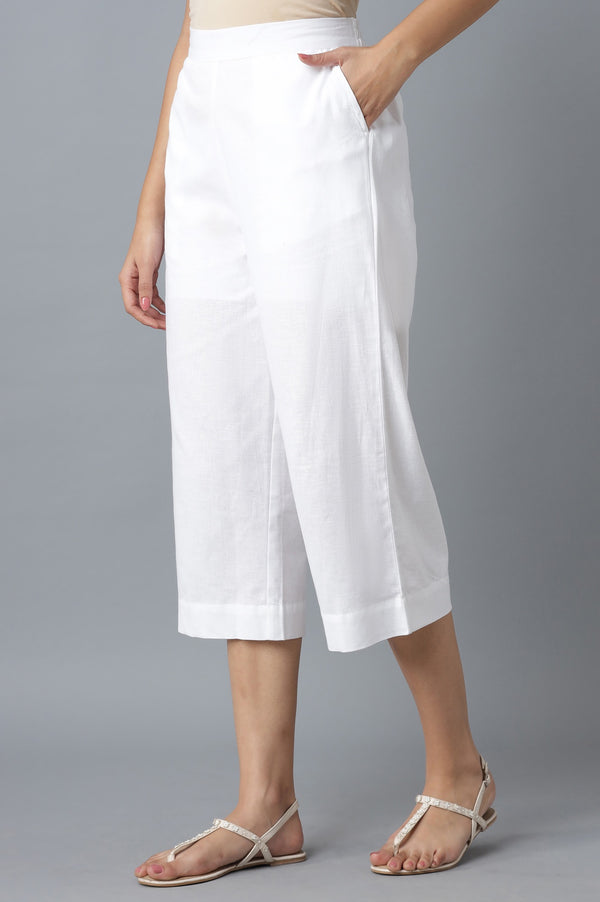 White Solid Wide Leg Cotton Palazzo With Elasticated Waist