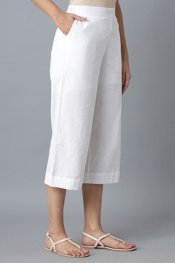 White Solid Wide Leg Cotton Palazzo With Roll Up Hem