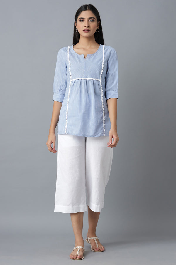 White Solid Wide Leg Cotton Palazzo With Roll Up Hem