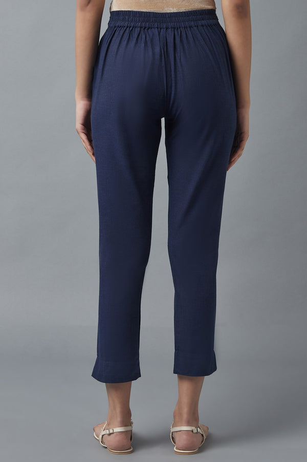 Navy Blue Solid Straight Fit Cotton Pants With Elasticated Waistband