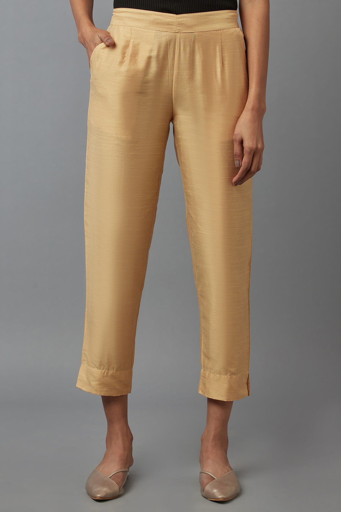 Gold Solid Straight Fit Woven Trousers With Elasticated Waistband