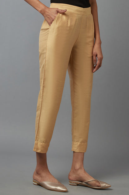 Gold Solid Straight Fit Calf Length Mid Rise Trousers