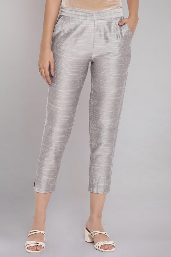 Grey Solid Straight Fit Woven Pants With Elasticated Waist