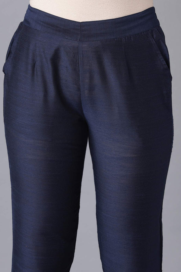 Navy Blue Solid Straight Fit Woven Trousers With Elasticated Waistband