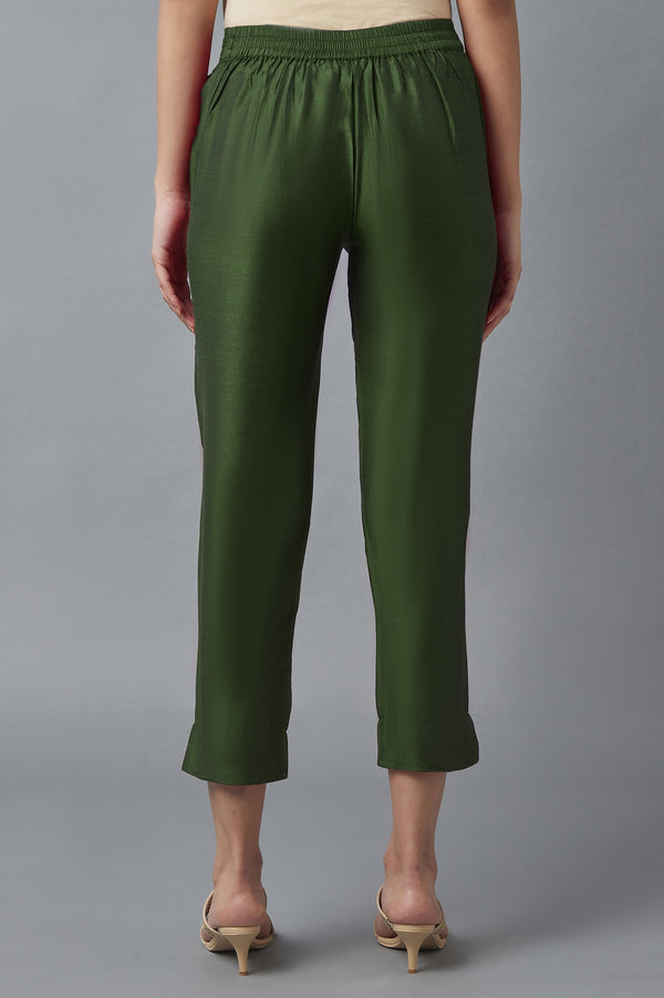 Muted Sage Green Solid Straight Fit Woven Trousers With Elasticated Waistband