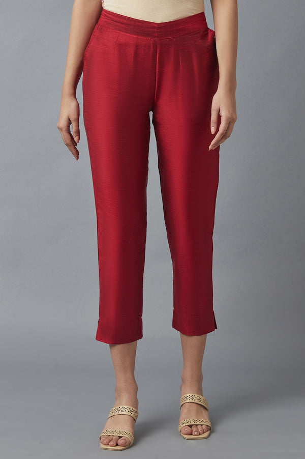 Red Solid Straight Fit Woven Trousers With Elasticated Waist