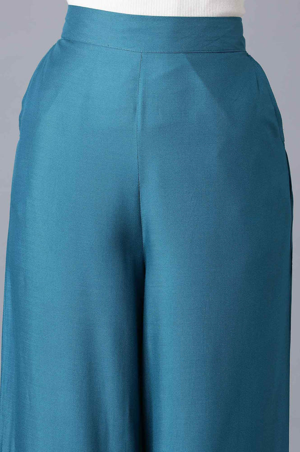 Blue Solid Wide Leg Tencel Palazzo With Elasticated Waist