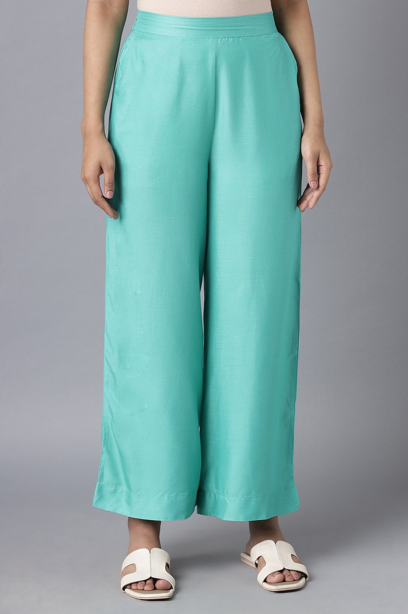 Muted Sage Green Solid Straight Fit Tencel Palazzo With Elasticated Waistband
