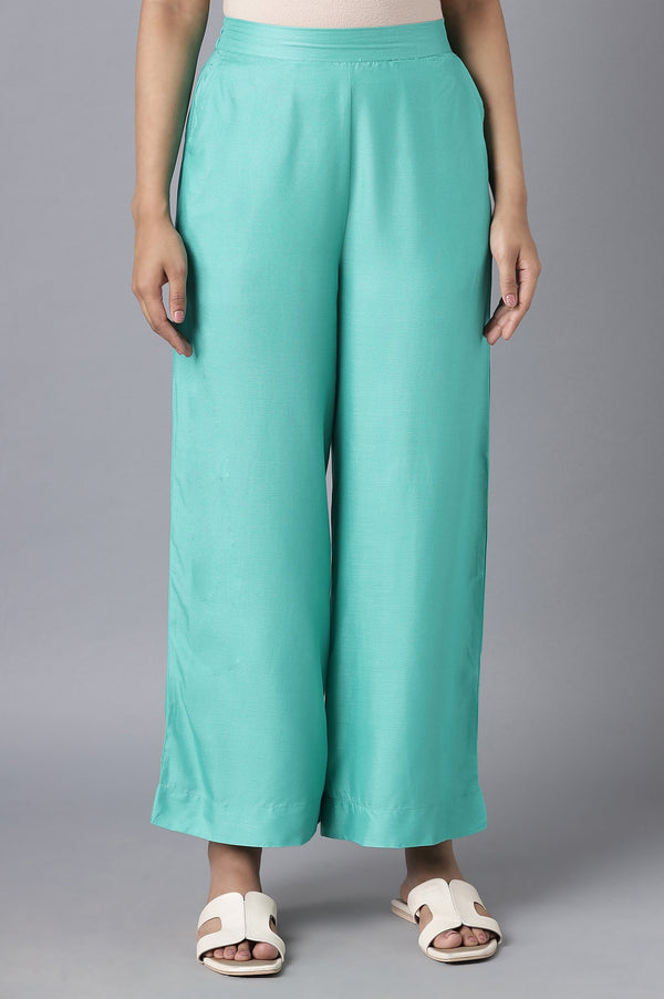 Muted Sage Green Solid Straight Fit Tencel Palazzo With Elasticated Waistband