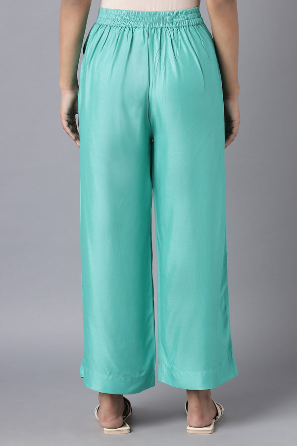 Muted Sage Green Solid Straight Fit Tencel Palazzo With Elasticated Waistband