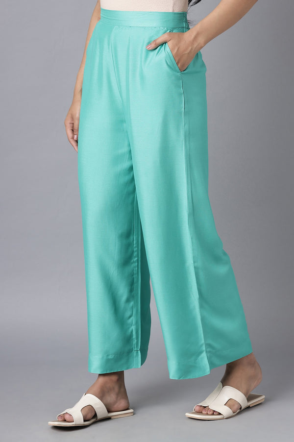 Muted Sage Green Solid Straight Fit Tencel Palazzo With Elasticated Waistband