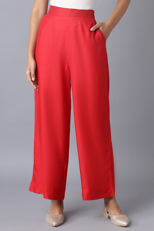 Red Solid Straight Fit Tencel Pants With Elasticated Waist