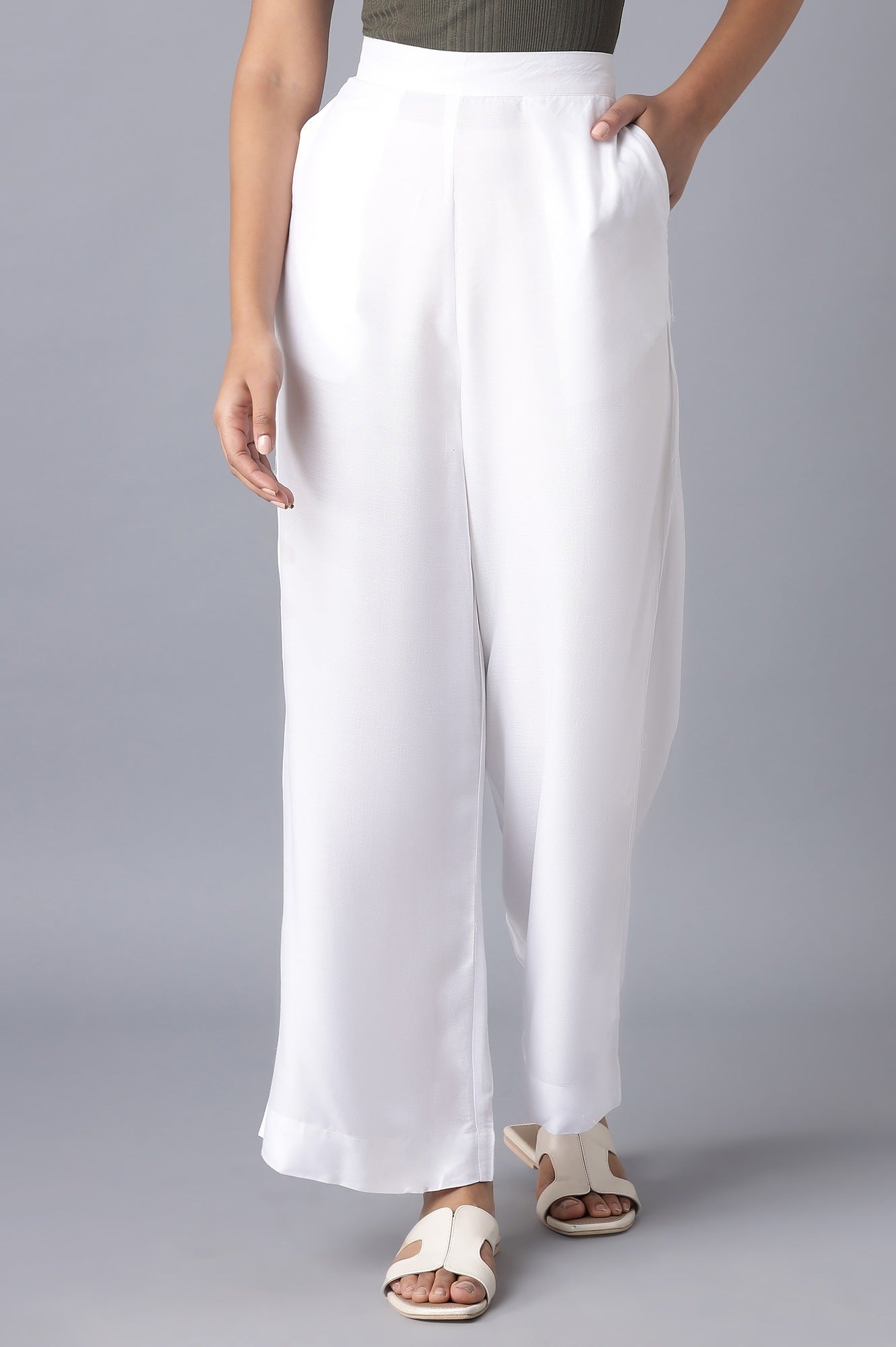 White Solid Relaxed Fit Ankle Length High Rise Palazzo