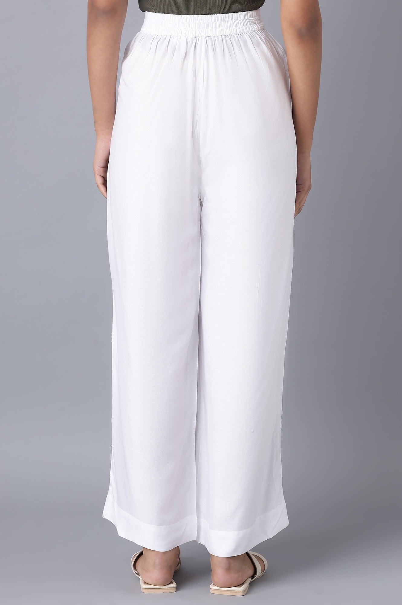White Solid Relaxed Fit Ankle Length High Rise Palazzo