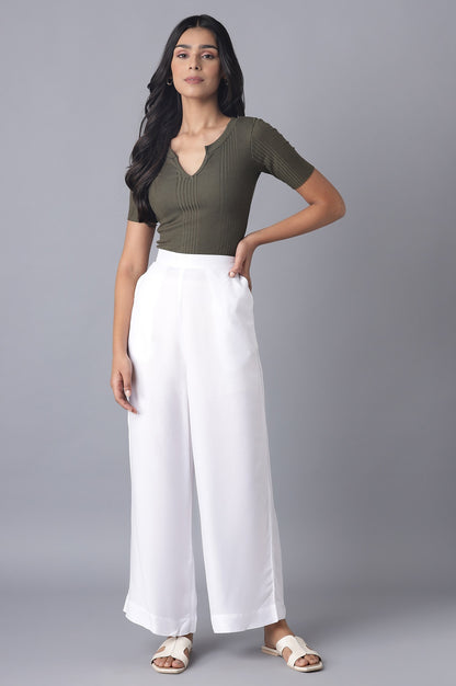 White Solid Relaxed Fit Ankle Length High Rise Palazzo