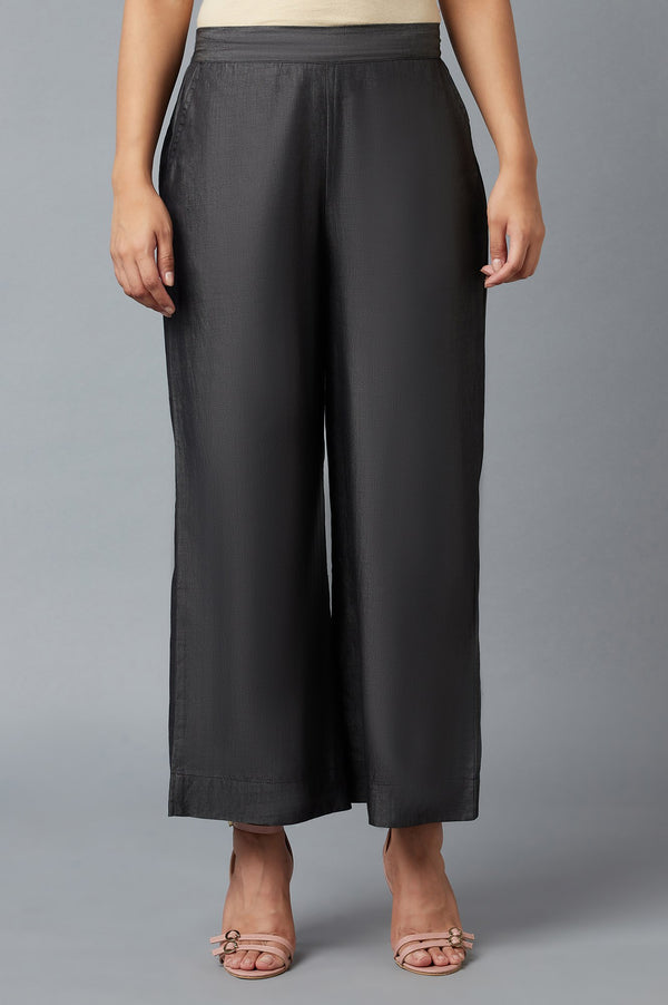 Black Solid Straight Fit Tencel Palazzo With Elasticated Waist