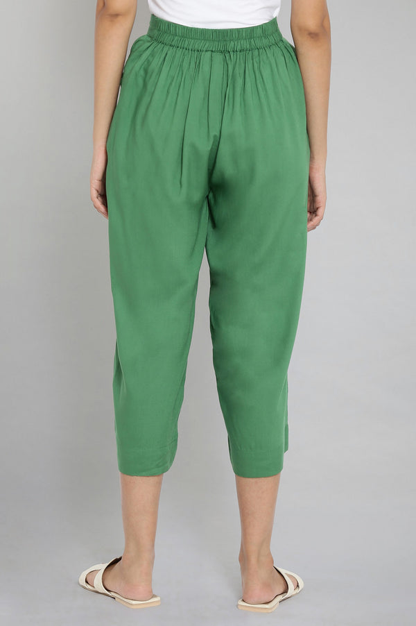 Muted Sage Green Solid Straight Fit Cotton Culottes With Elasticated Waist