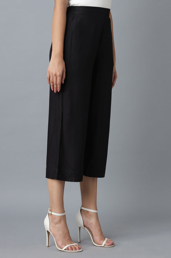 Black Solid Straight Fit Cotton Culottes With Elasticated Waist