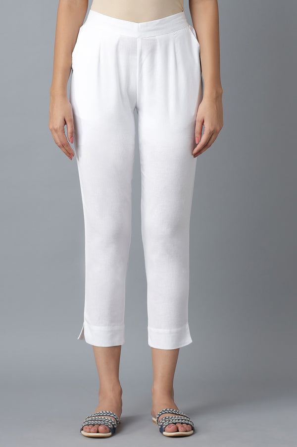 White Solid Straight Fit Cotton Culottes With Elasticated Waist