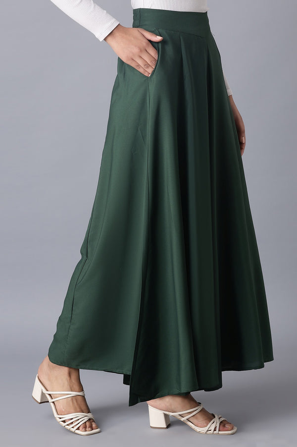 Muted Sage Green Solid Flared Woven Palazzo With Elasticated Waistband