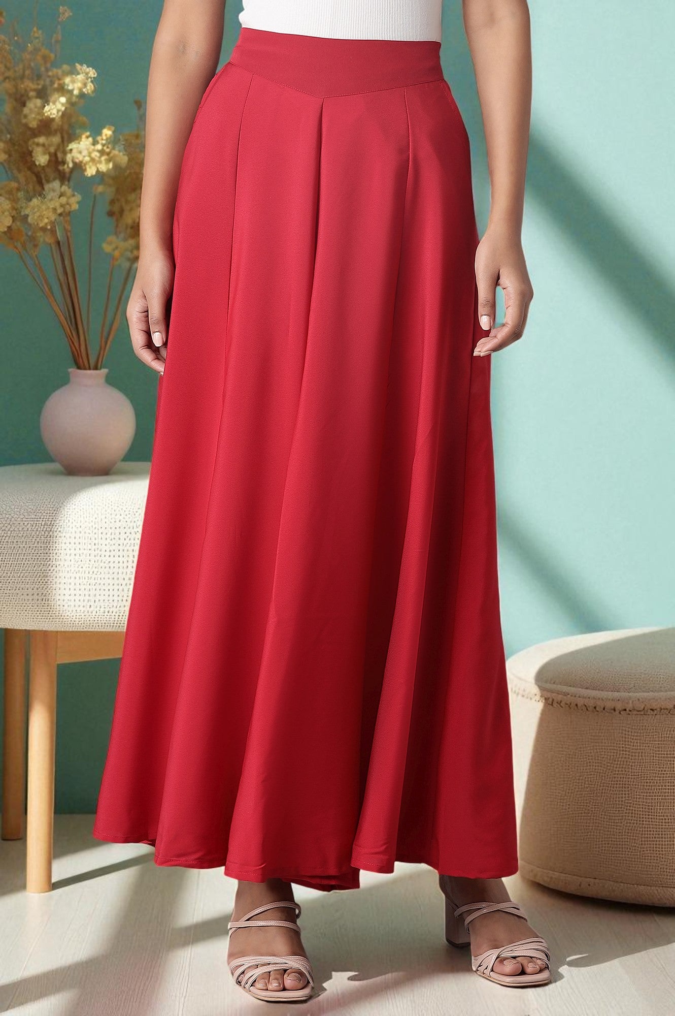 Red Solid Flared Woven Palazzo With Elasticated Waistband
