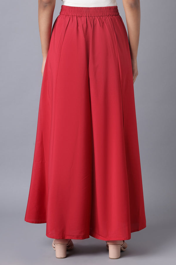 Red Solid Flared Woven Palazzo With Elasticated Waistband
