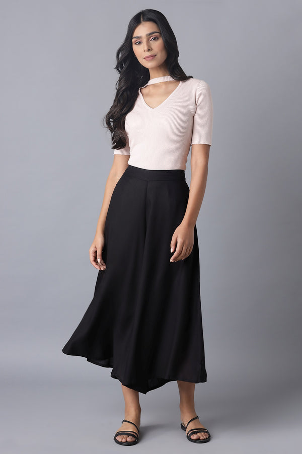 Black Solid Flared Woven Culottes With Drawstring Detail