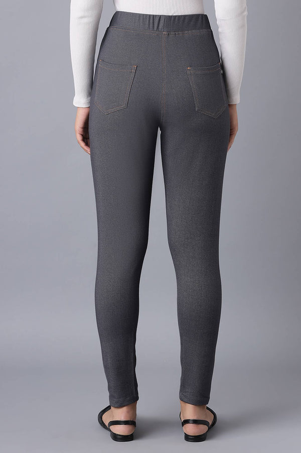 Grey Solid Skinny Fit Cotton Jeggings With Elasticated Waist