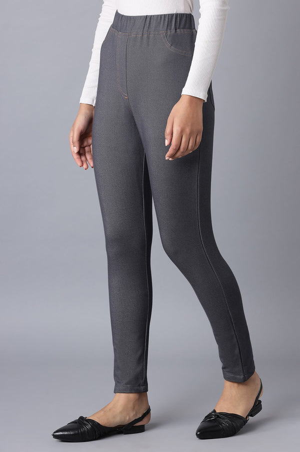 Grey Solid Skinny Fit Cotton Jeggings With Elasticated Waist