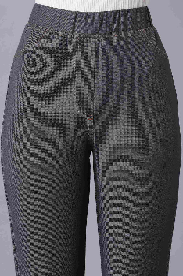Grey Solid Skinny Fit Cotton Jeggings With Elasticated Waist