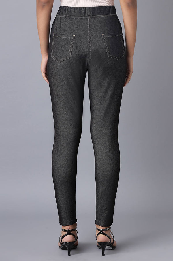 Black Solid Skinny Fit Cotton Jeggings With Elasticated Waist