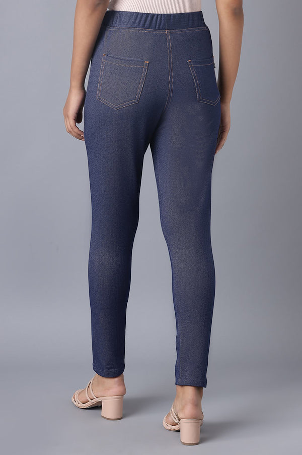 Navy Blue Solid Skinny Fit Cotton Jeggings With Elasticated Waist