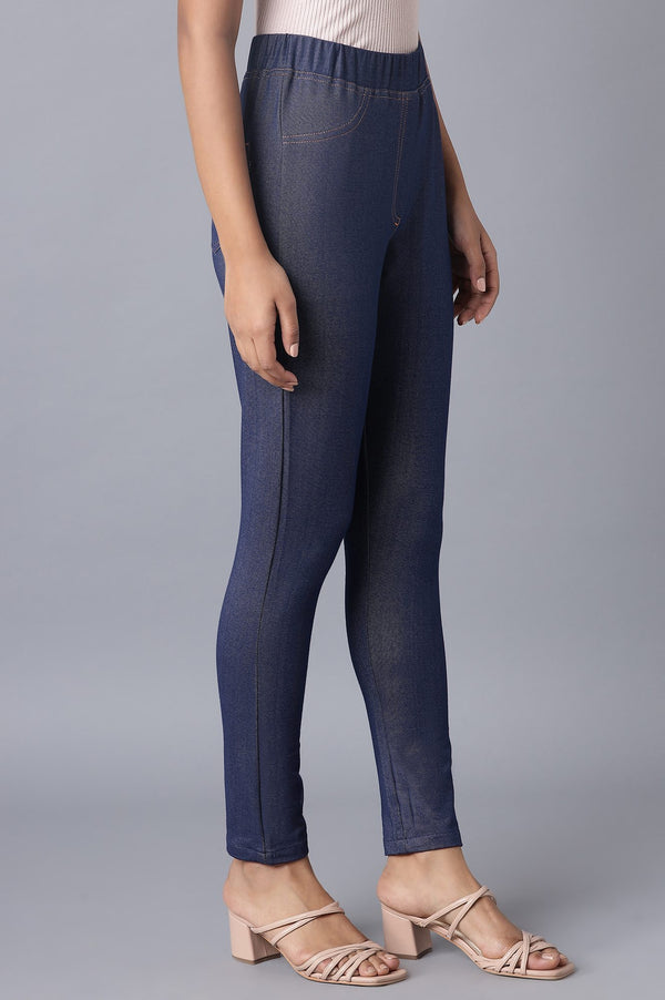 Navy Blue Solid Skinny Fit Cotton Jeggings With Elasticated Waist