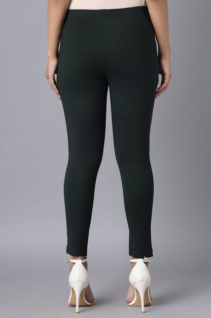 Dark Green Solid Straight Fit Tights With Elasticated Waist