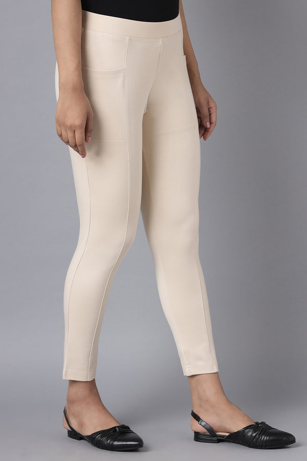 Beige Solid Straight Fit Pants With Elasticated Waist
