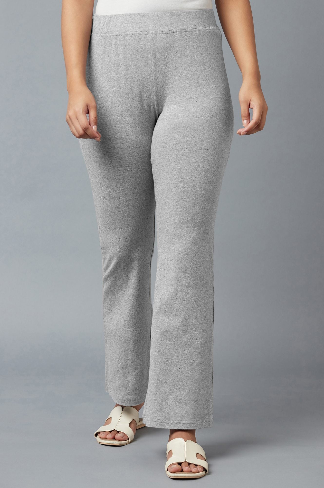 Grey Solid Flared Cotton Pants With Slip On Closure