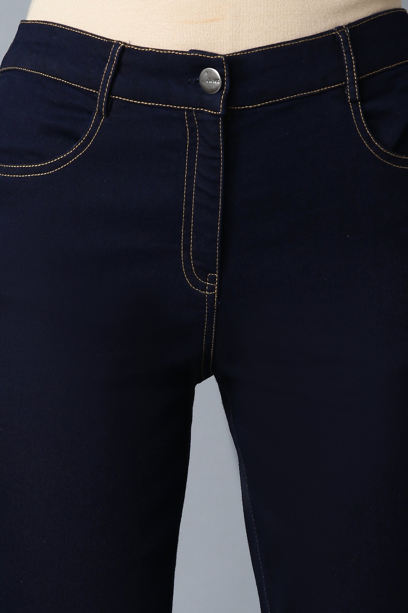 Buy Navy Blue Solid Slim Fit Denim Pants With Front Zip Online for
