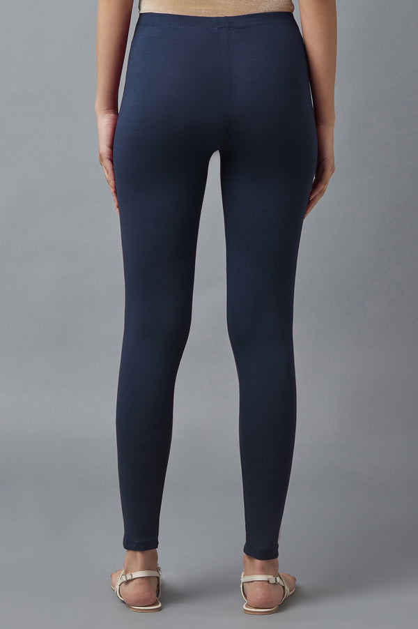 Navy Blue Solid Skinny Fit Cotton Tights With Elasticated Waist