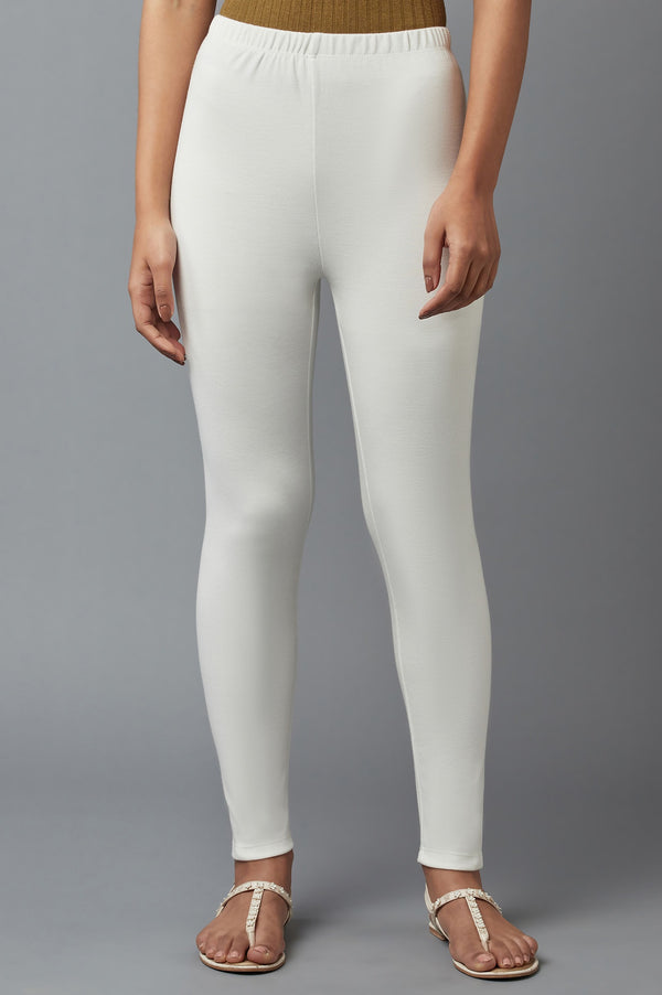 White Solid Skinny Fit Cotton Tights With Elasticated Waistband
