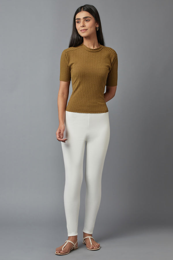 White Solid Skinny Fit Cotton Tights With Elasticated Waistband