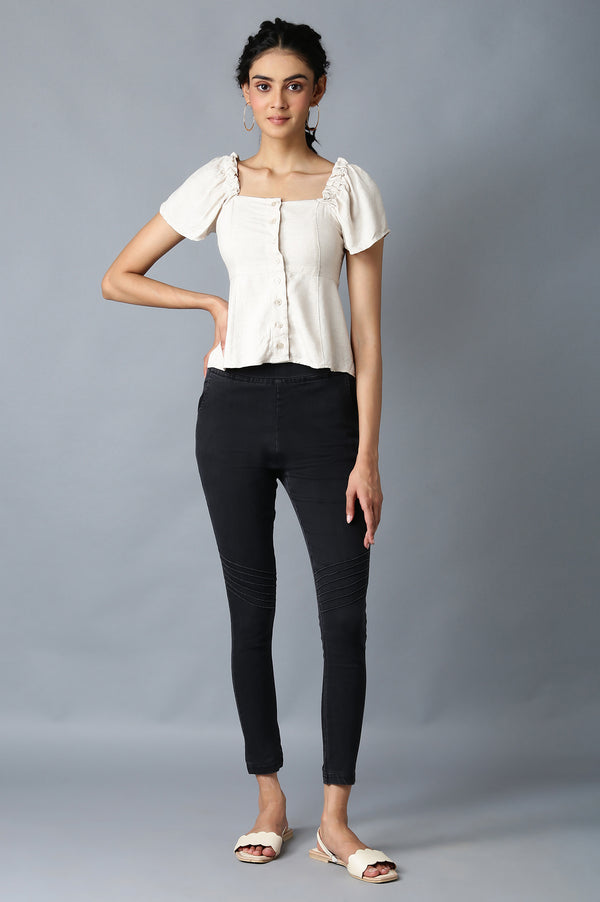 Grey Solid Slim Fit Denim Jeggings With Pintuck Detail