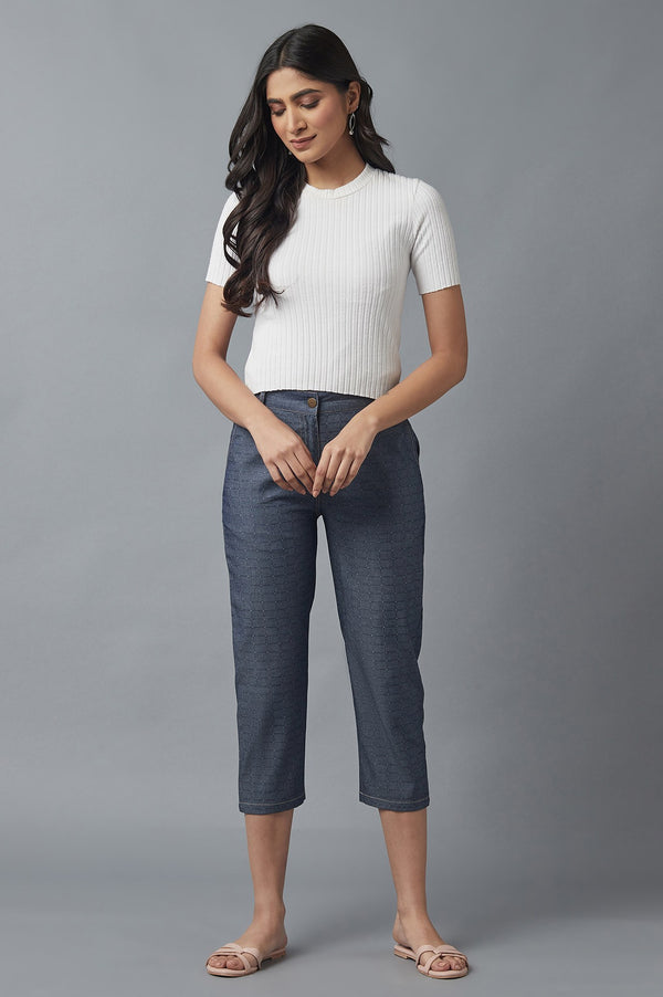 Blue Polka Dots Straight Fit Denim Culottes With Front Zip