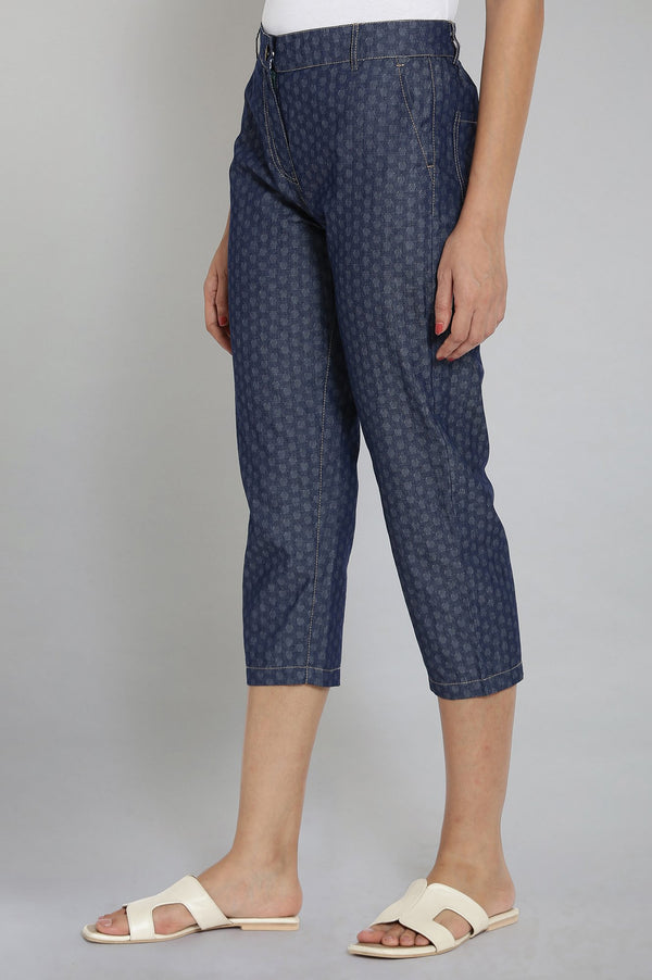 Blue Polka Dots Wide Leg Denim Culottes With Elasticated Waist