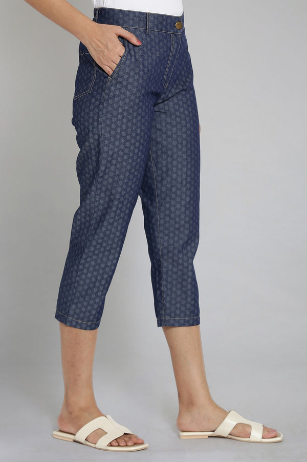 Blue Polka Dots Wide Leg Denim Culottes With Elasticated Waist
